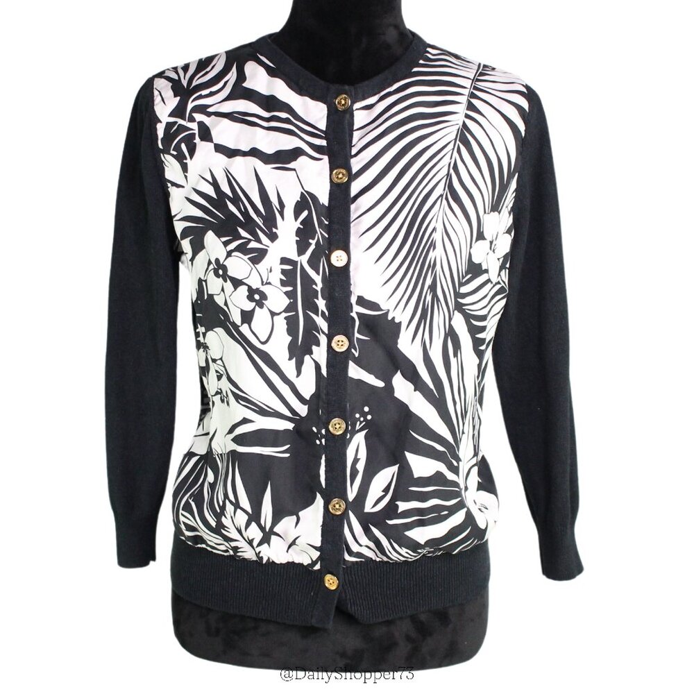 Lauren Ralph Lauren Women's Black and White Tropical Silk & Cashmere Cardigan